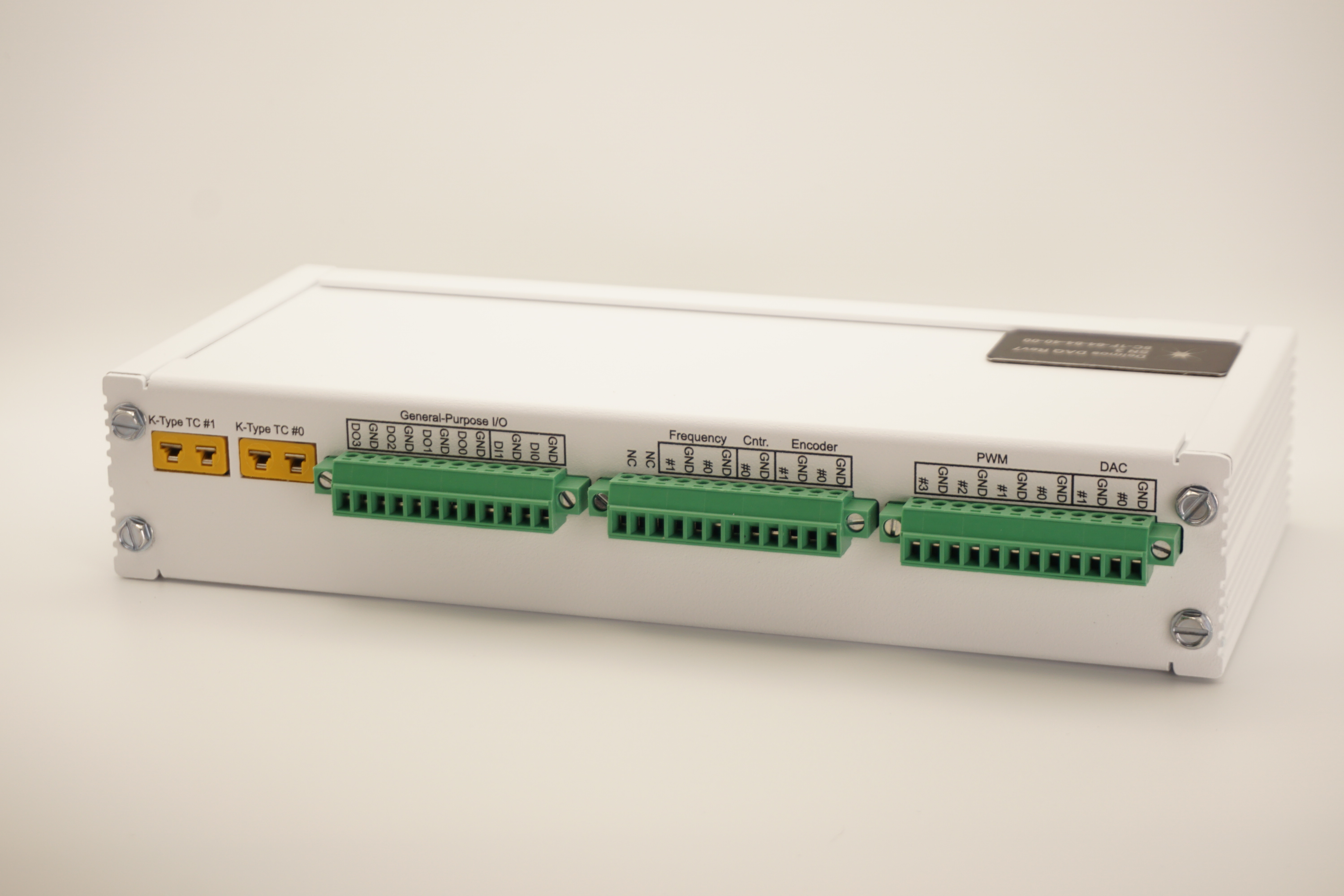 Deimos DAQ back view with thermocouple, digital, PWM, and DAC connections