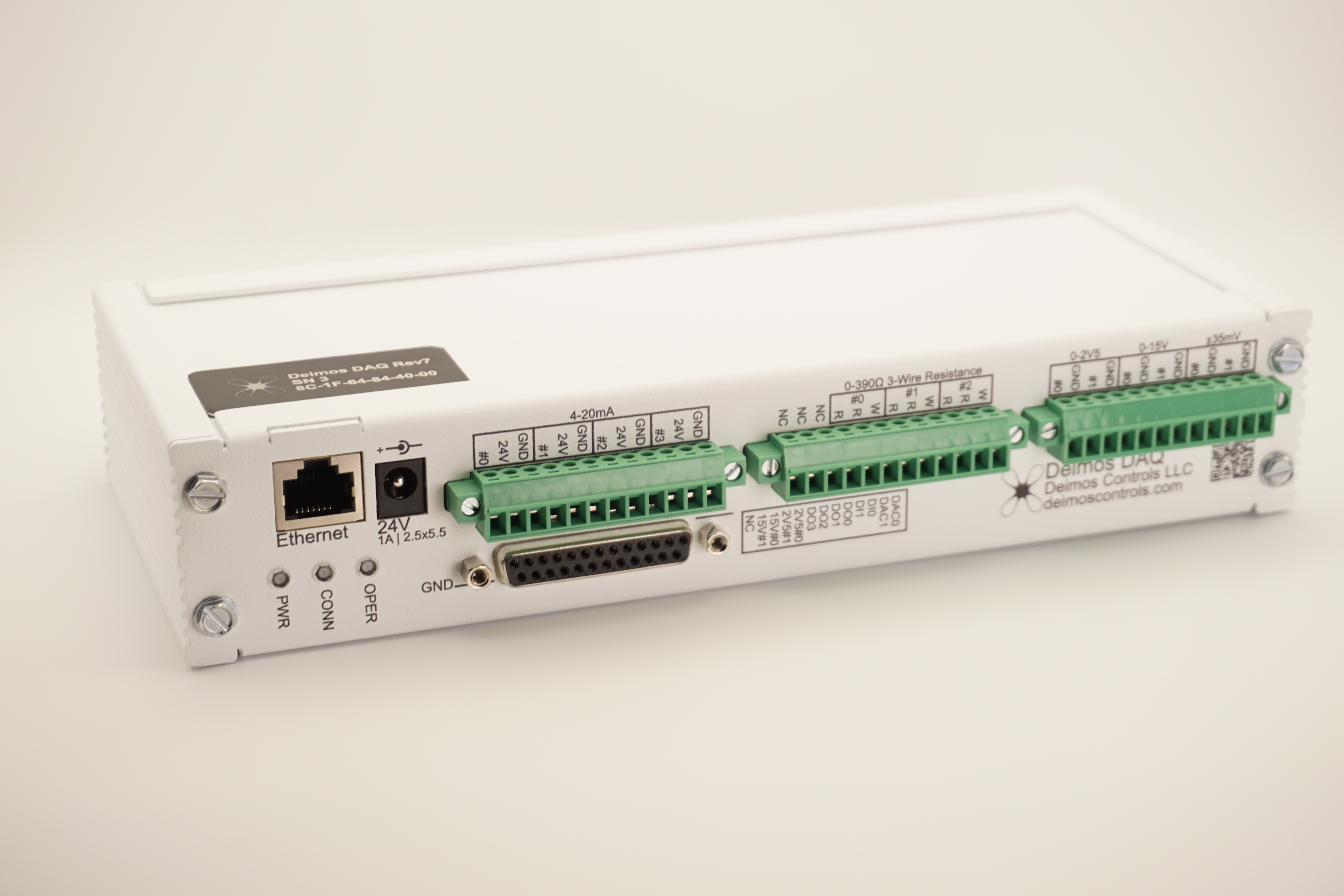 Deimos DAQ front view with Ethernet, power, and analog inputs